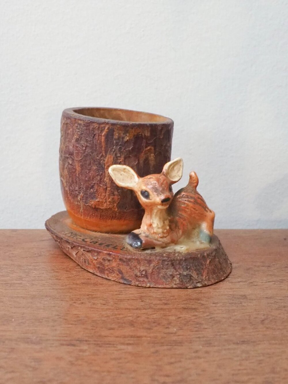 Vtg Carved Wood Egg Cup with Fawn - Vintage Wooden Egg Holder